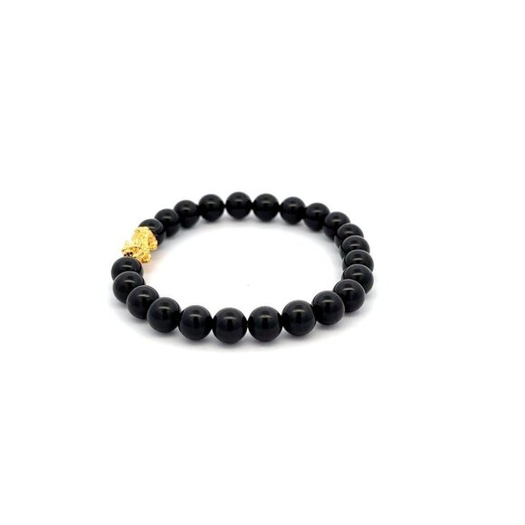18K Gold Piyao Pixiu Dragon Lucky Charm Bracelet Gemstones Black Tourmaline 6mm - Picture 5 of 5